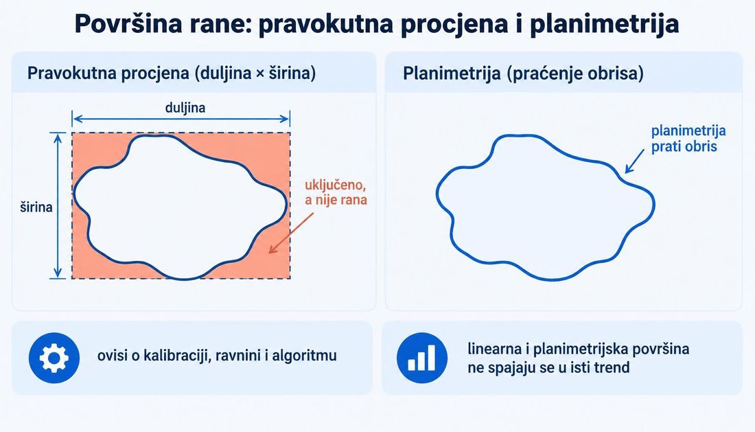 Shema u dva panela: pravokutna procjena duljina puta širina s osjenčanim područjem izvan rane i planimetrija koja prati stvarni obris rane.