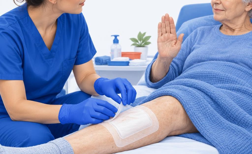 Medicinska sestra uklanja oblogu s bolesničine potkoljenice, a bolesnica podiže ruku