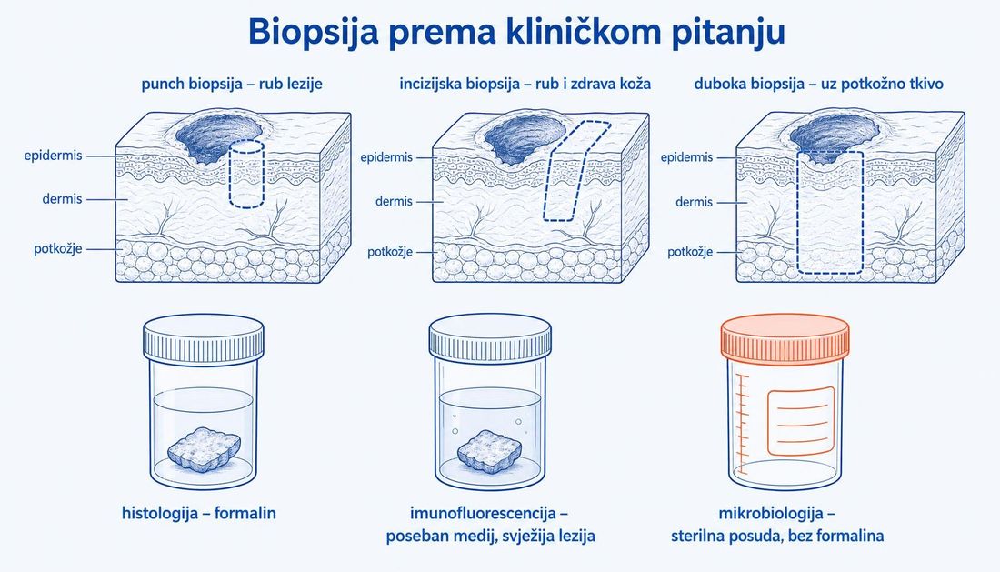 Shema biopsije prema kliničkom pitanju: punch biopsija ruba lezije, incizijska biopsija s rubom i zdravom kožom te duboka biopsija do potkožnog tkiva, uz tri posude za uzorke označene za histologiju u formalinu, imunofluorescenciju u posebnom mediju i mikrobiologiju u sterilnoj posudi bez formalina.