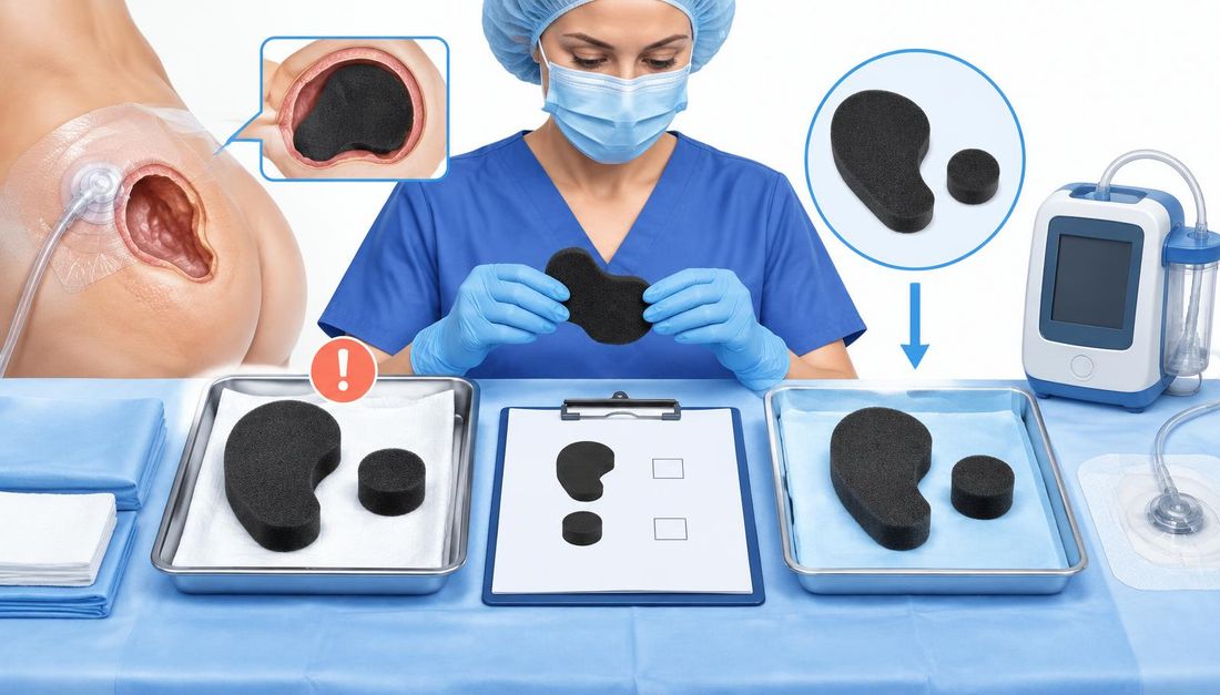 Medicinska sestra uspoređuje izvađene i pripremljene dijelove pjene za terapiju rane negativnim tlakom