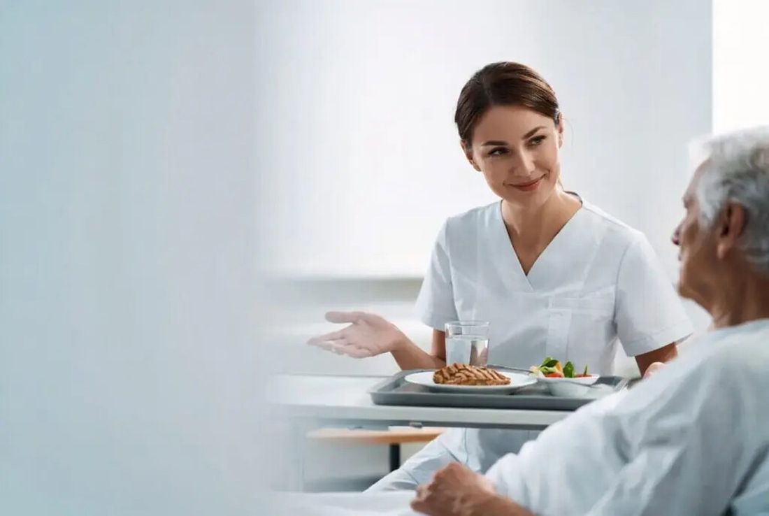 Zdravstveni djelatnik i bolesnik planiraju proteinski bogat obrok i nutritivnu potporu u prevenciji i liječenju dekubitusa.