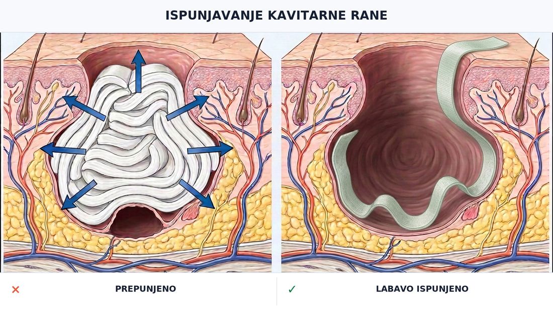 Anatomski presjek kavitarne rane: lijevo je šupljina prepunjena čvrsto zbijenim materijalom koji tlači stijenke, a desno je jedna plosnata vrpca položena labavo uz stijenke uz očuvan slobodan prostor.