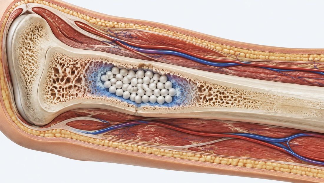 Anatomski presjek goljenične kosti s mekim tkivima: koštani defekt nakon kirurškog čišćenja ispunjen malim bijelim kuglicama kalcijeva sulfata, oko kojih plavi rub označava lokalno otpuštanje antibiotika u okolnu kost.