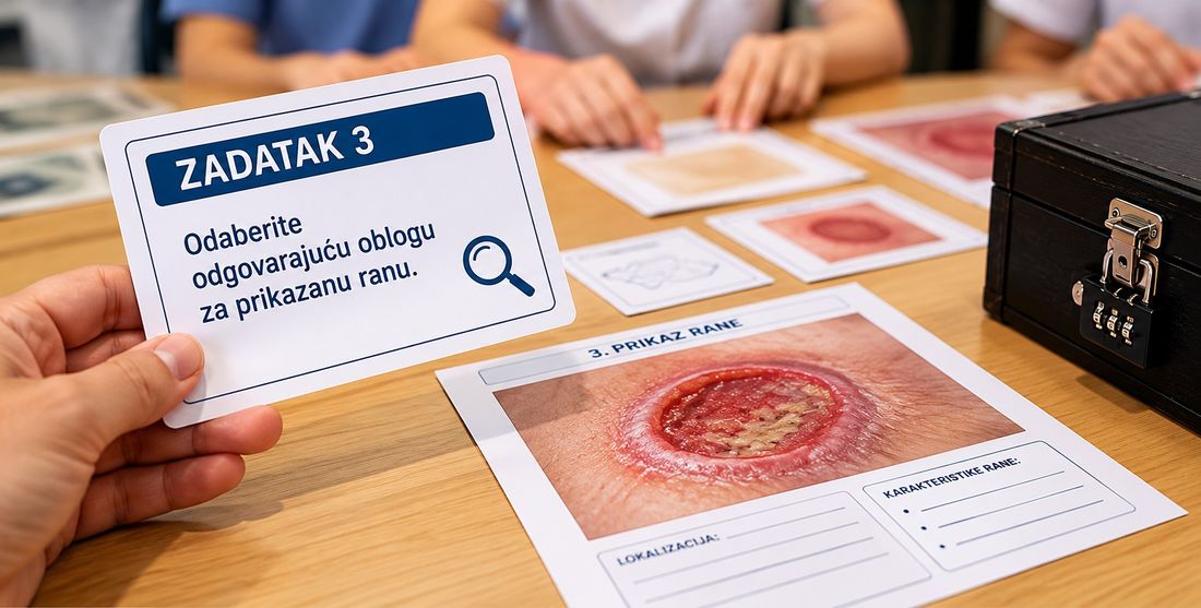 Kartica sa zadatkom odabira odgovarajuće obloge uz prikaz kronične rane na nastavnom obrascu; ilustrirani prikaz, ne stvarna nastavna aktivnost.