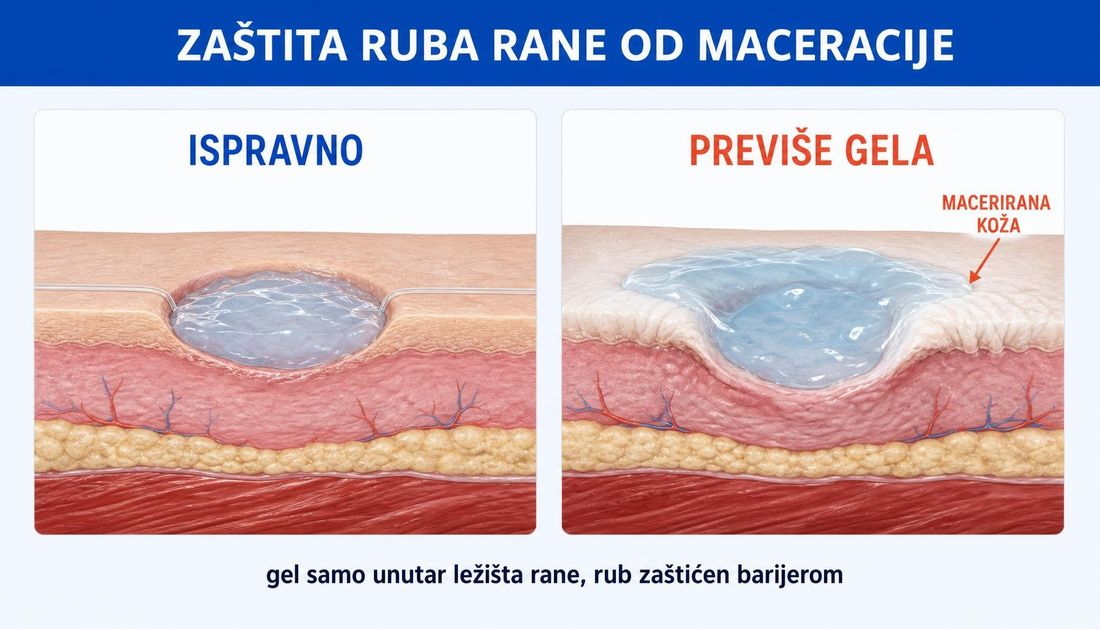 Usporedni presjeci kože: lijevo gel nanesen samo unutar ležišta rane uz zdravu okolnu kožu, desno višak gela preko ruba rane s bijelom, naboranom maceriranom kožom.