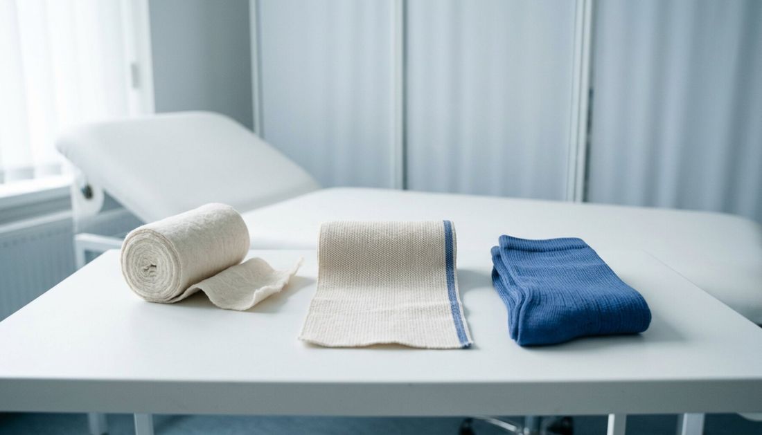 Dvokomponentni kompresijski sustav pripremljen na kliničkoj podlozi: podstavni sloj, kratkoelastični povoj i pletena kompresijska čarapa do koljena.