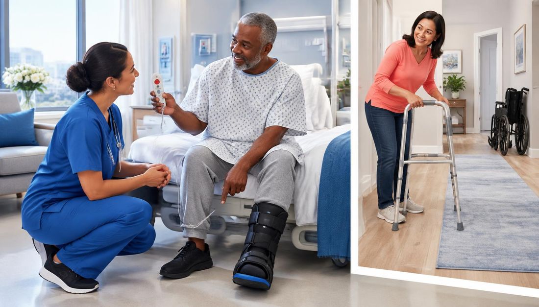 Klinički prikaz poučavanja bolesnika koji pokazuje kako poziva pomoć i objašnjava dopušteno opterećenje te uporabu pomagala.