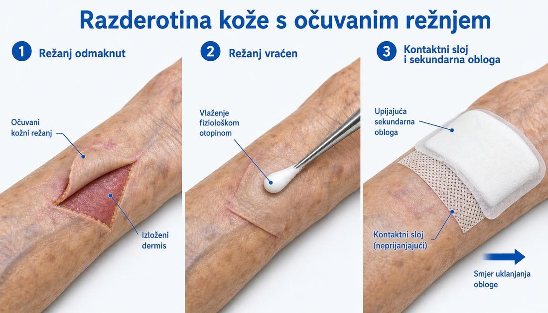 Prikaz razderotine kože na podlaktici starije osobe s vraćanjem očuvanoga kožnog režnja u ležište i postavljanjem kontaktnoga sloja te upijajuće sekundarne obloge.