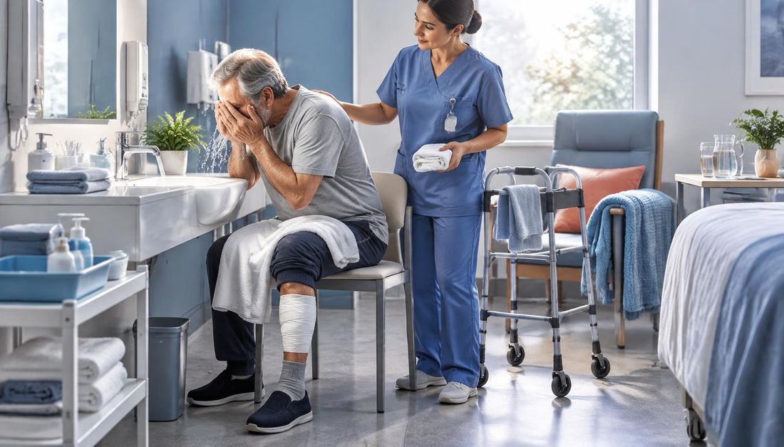 Bolesnik sjedeći pere lice uz pripremljen pribor, osigurano pomagalo i pomoć medicinske sestre.