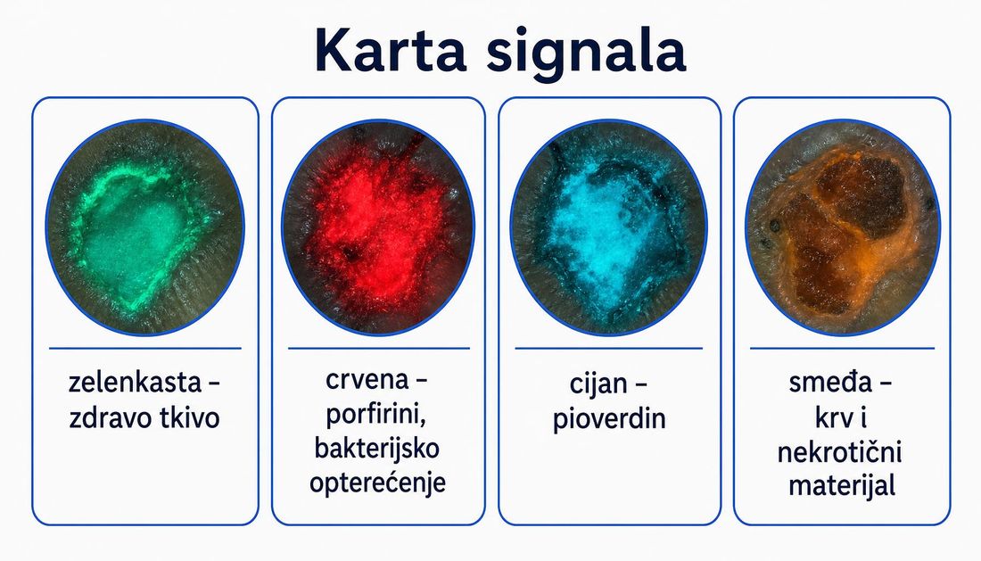 Karta fluorescencijskih signala u četiri polja: zelenkasti signal zdravoga tkiva, crveni signal porfirina kao znak bakterijskog opterećenja, cijan signal pioverdina i smeđi signal krvi i nekrotičnog materijala.