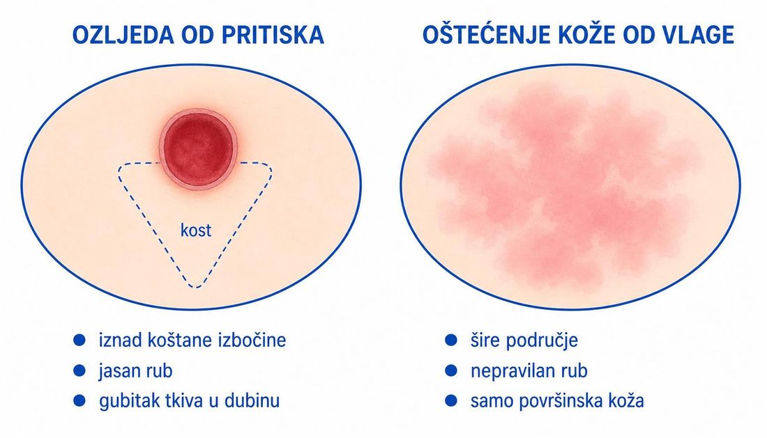 Usporedni prikaz ozljede uzrokovane pritiskom s jasnim rubom iznad koštane izbočine i oštećenja kože uzrokovanoga vlagom s nepravilnim, razlivenim rubom bez odnosa prema kosti.