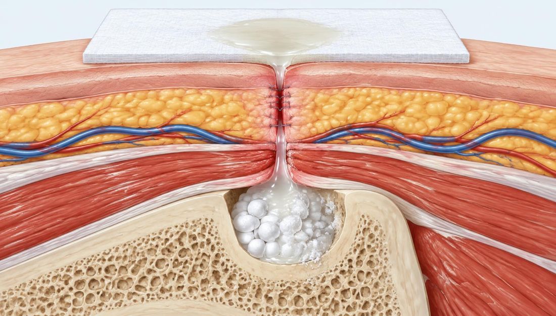Cross-section of a sutured surgical wound over bone: calcium sulphate beads are partially dissolving, and clear to milky fluid drains through the wound onto an absorbent dressing.
