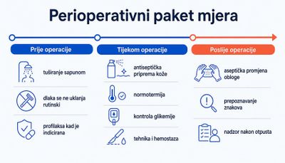 Vremenska os perioperativnoga paketa mjera s hrvatskim oznakama: prije operacije tuširanje sapunom, dlaka se ne uklanja rutinski i profilaksa kad je indicirana; tijekom operacije antiseptička priprema kože, normotermija, kontrola glikemije te tehnika i hemostaza; poslije operacije aseptička promjena obloge, prepoznavanje znakova i nadzor nakon otpusta.