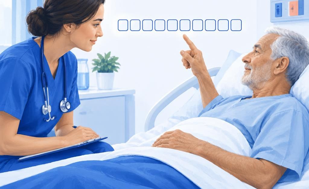 Medicinska sestra bilježi bolesnikovu procjenu boli uz prikaz ljestvice za procjenu boli