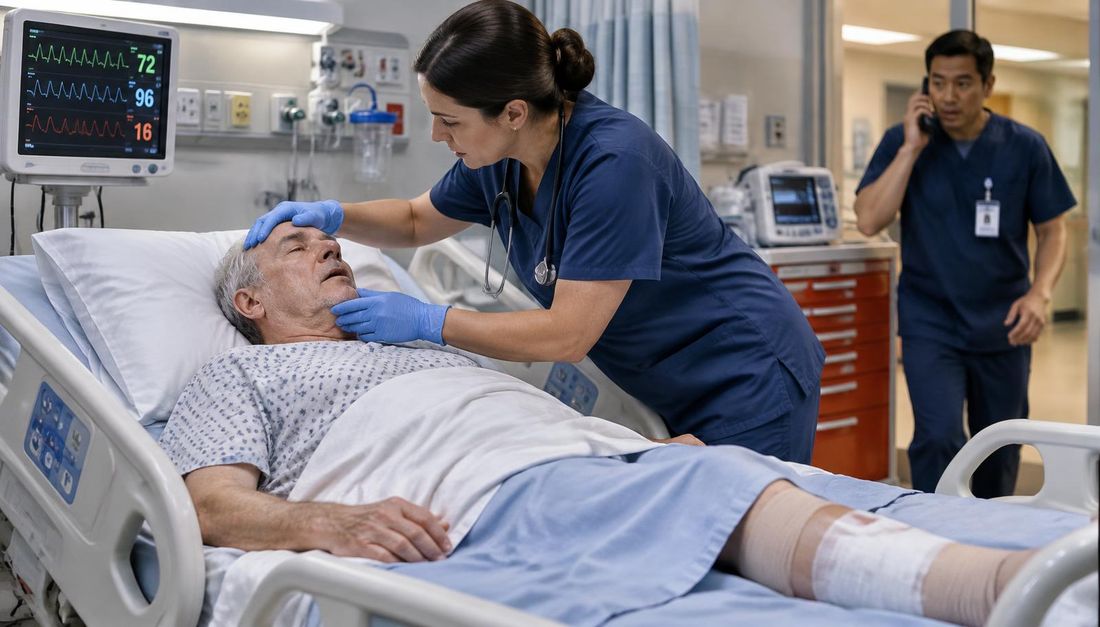 Medicinska sestra procjenjuje disanje i budnost naglo smetenog bolesnika dok drugi član tima poziva pomoć.