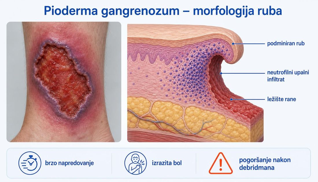 Prikaz pioderme gangrenozum: bolna ulceracija potkoljenice s crvenoljubičastim podminiranim rubom i okolnim eritemom te presjek ruba rane s podminiranim rubom, neutrofilnim upalnim infiltratom i ležištem rane, uz oznake brzog napredovanja, izrazite boli i pogoršanja nakon debridmana.