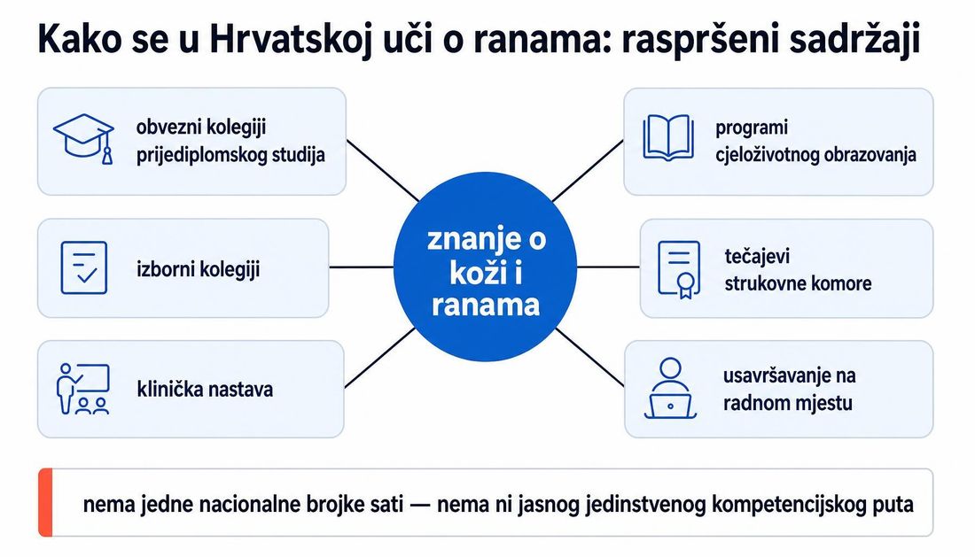 Shema raspršenih hrvatskih obrazovnih sadržaja o ranama: izborni predmet u Splitu, predmet u Zagrebu, program cjeloživotnog obrazovanja u Rijeci i kratki e-tečaj komore, bez jedinstvenoga nacionalnog minimuma.