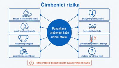Shema čimbenika rizika oko središnjeg pojma ponavljane izloženosti kože urinu i stolici: tekuća stolica, dvostruka inkontinencija, okluzivno pomagalo, ograničena pokretljivost, smanjena tjelesna pričuva, bol i osjetljivost kože, povišena temperatura i znojenje te otežana suradnja u njezi.