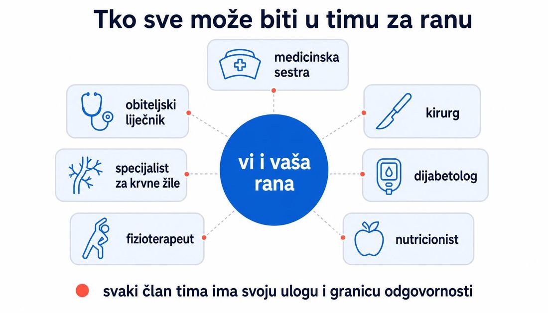 Ilustracija za pacijente sa sedam mogućih članova tima za ranu oko središta u kojem su pacijent i njegova rana: medicinska sestra, obiteljski liječnik, kirurg, specijalist za krvne žile, dijabetolog, fizioterapeut i nutricionist.
