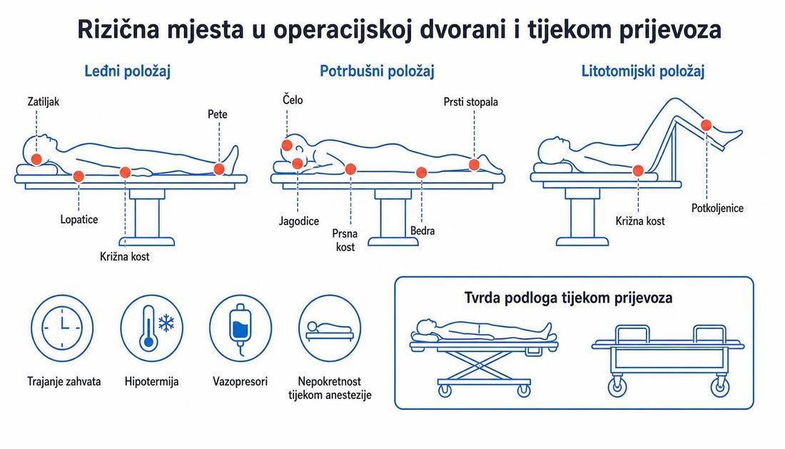 Shema tri operacijska položaja s označenim mjestima opterećenja: leđni položaj sa zatiljkom, lopaticama, križnom kosti i petama, potrbušni položaj s čelom, jagodicama, prsnom kosti, bedrima i prstima stopala te litotomijski položaj s križnom kosti i potkoljenicama, uz čimbenike trajanja zahvata, hipotermije, vazopresora i nepokretnosti te tvrdu podlogu tijekom prijevoza.