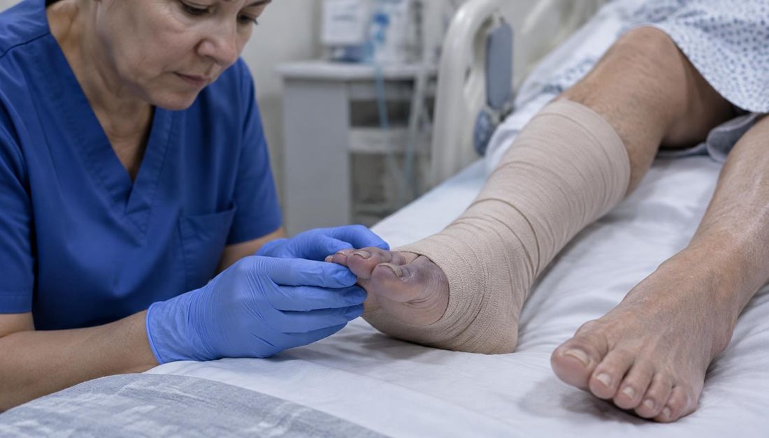Medicinska sestra usporedno provjerava prste stopala s kompresijskim zavojem, koji su bljeđi i plavkasti u odnosu na drugo stopalo.