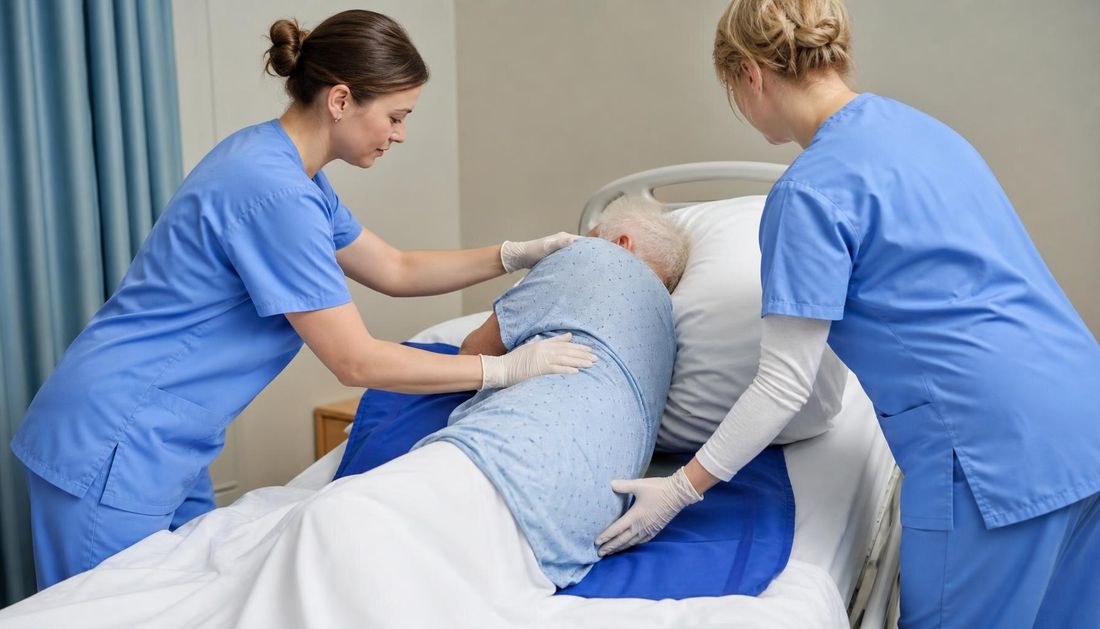 Dvije medicinske sestre uz pomoć klizne plahte okreću stariju osobu na bok u bolničkoj postelji.