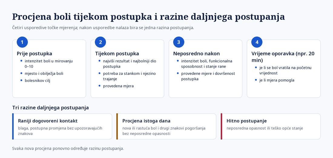Shema četiriju usporedivih točaka procjene boli: prije postupka intenzitet boli u mirovanju, mjesto i obilježja boli te bolesnikov cilj; tijekom postupka najviši rezultat i najbolniji dio postupka, potreba za stankom i njezino trajanje te provedena mjera; neposredno nakon intenzitet boli, funkcionalna sposobnost i stanje rane te provedene mjere i dovršenost postupka; u vrijeme oporavka je li se bol vratila na početnu vrijednost i je li mjera pomogla. Ispod su tri razine: raniji dogovoreni kontakt, procjena istoga dana i hitno postupanje.