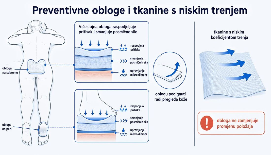 Shema preventivnih obloga na križnoj kosti i peti s presjekom višeslojne obloge koja raspodjeljuje pritisak, smanjuje posmične sile i upravlja mikroklimom, tkanina s niskim koeficijentom trenja i napomena da obloga ne zamjenjuje promjenu položaja.