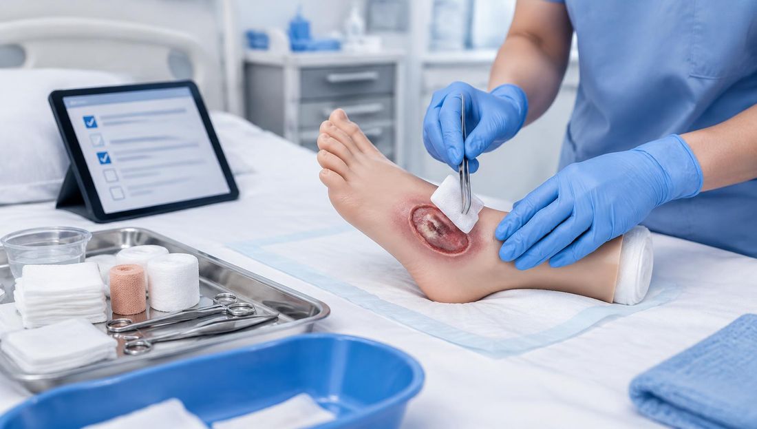 Fotorealističan prikaz simulacijske vježbe: ruke u rukavicama previjaju ranu na silikonskom modelu stopala, uz sterilni pribor i tablet s kontrolnom listom