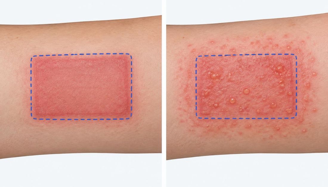 Raspored promjena kod nadražajnoga i alergijskoga dermatitisa oko rane: nadražaj prati mjesto izloženosti, alergijska reakcija prelazi granicu pričvrsnoga ruba.