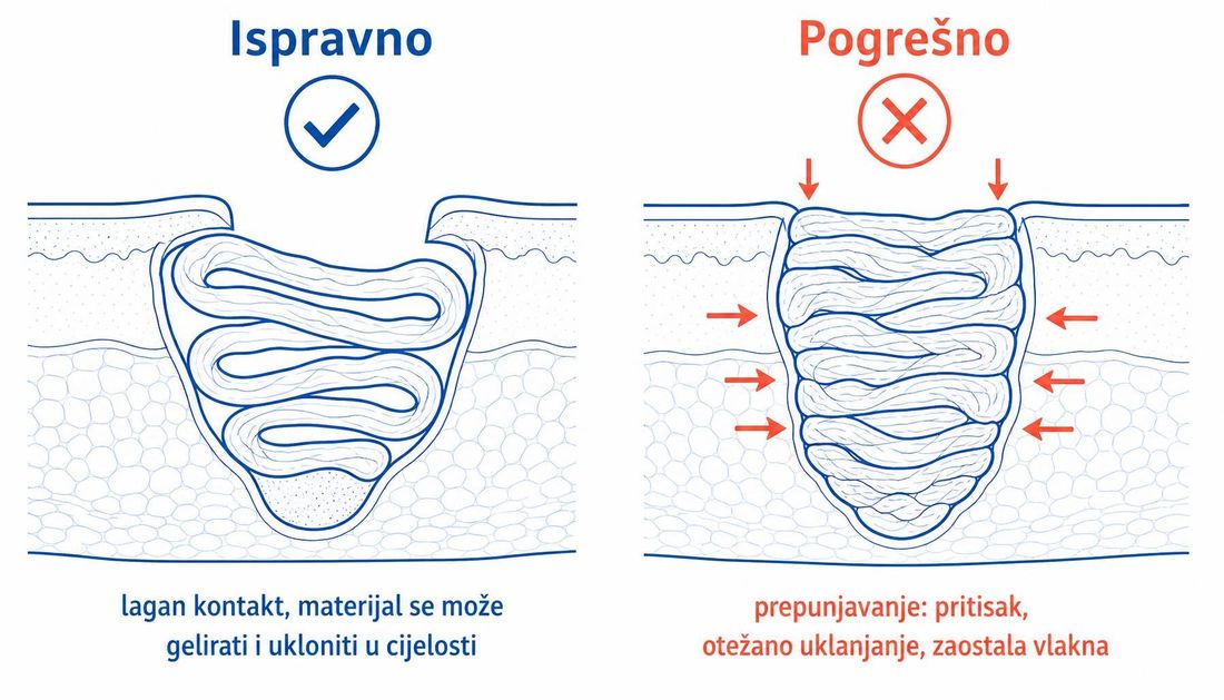 Usporedba ispravnog labavog postavljanja alginatne trake u šupljinu i pogrešnog prepunjavanja