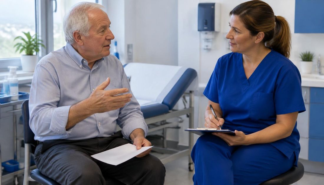 Stariji bolesnik vlastitim riječima objašnjava dogovor dok sestra pozorno sluša i bilježi njegov odgovor