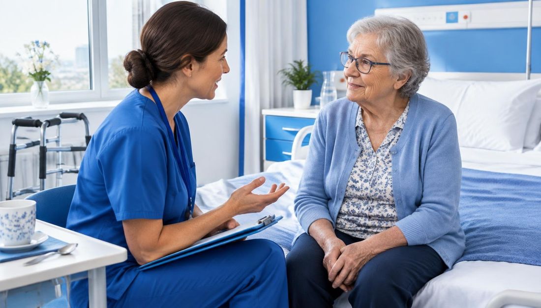 Starija bolesnica s naočalama razgovara s medicinskom sestrom o uobičajenim sposobnostima prije akutnoga pogoršanja i osobnim prioritetima