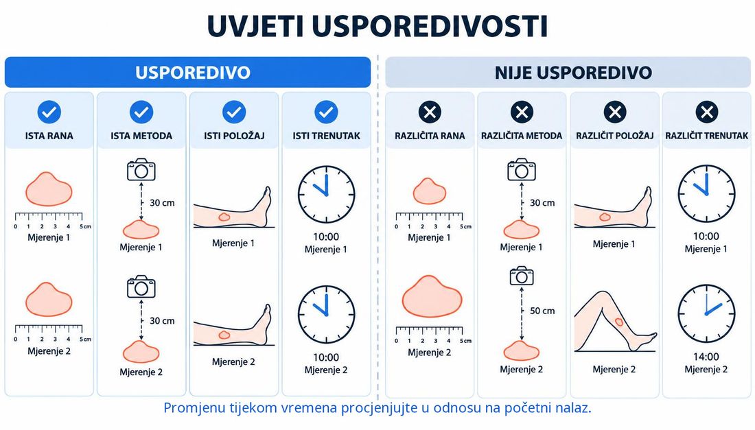 Shema uvjeta usporedivosti: usporedivo mjerenje ima istu ranu, istu metodu, isti položaj i isti trenutak, a neusporedivo mjerenje mijenja ranu, udaljenost snimanja, položaj uda ili vrijeme mjerenja.