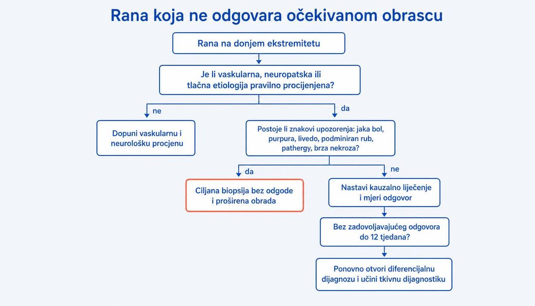 Dijagram odlučivanja kod rane koja ne odgovara očekivanom obrascu: provjera vaskularne, neuropatske i tlačne etiologije, potom provjera znakova upozorenja, ciljana biopsija bez odgode kod sumnjivih nalaza te ponovno otvaranje diferencijalne dijagnoze i tkivna dijagnostika kod izostanka odgovora do dvanaest tjedana.