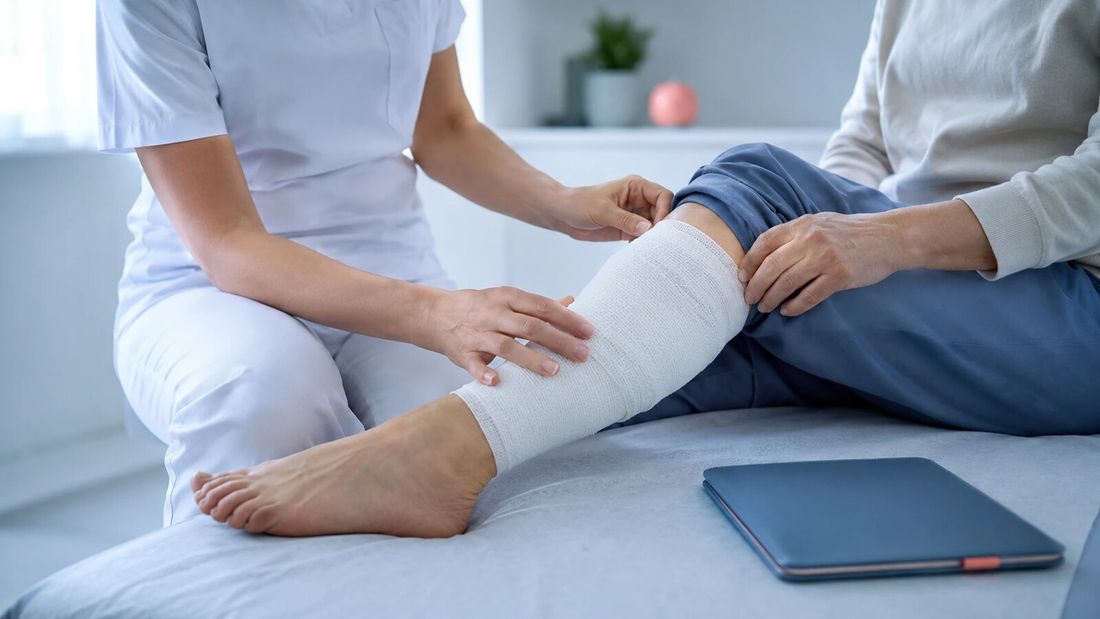Zdravstveni djelatnik razgovara s pacijentom tijekom procjene boli povezane s kroničnom ranom u mirnom kliničkom okruženju.