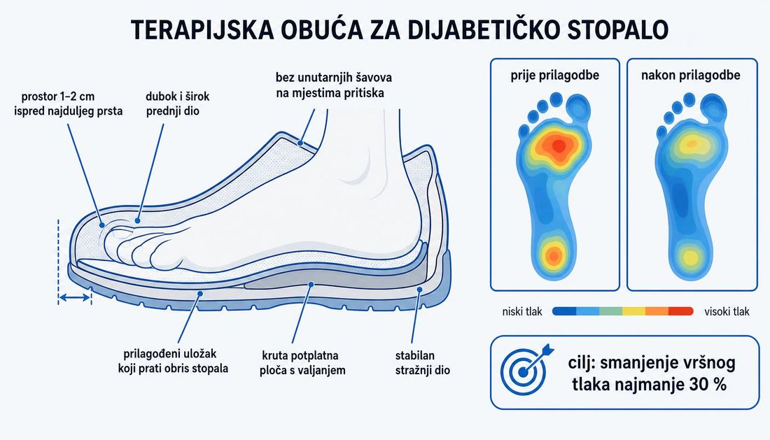 Bočni presjek terapijske obuće sa stopalom: prostor jedan do dva centimetra ispred najduljeg prsta, dubok i širok prednji dio, bez unutarnjih šavova, prilagođeni uložak, kruta potplatna ploča i stabilan stražnji dio, uz dvije karte plantarnog tlaka prije i nakon prilagodbe.