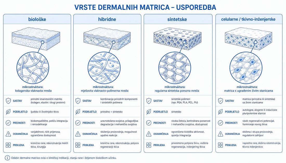 Usporedni prikaz četiriju skupina dermalnih matrica — biološke, hibridne, sintetske te celularne ili tkivno-inženjerske — s uvećanom mikrostrukturom, sastavom, podrijetlom, prednostima, ograničenjima i primjenom.