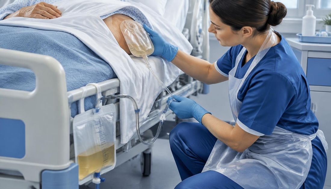 Medicinska sestra provjerava urostomsku vrećicu i drenažnu cijev bez povlačenja sustava