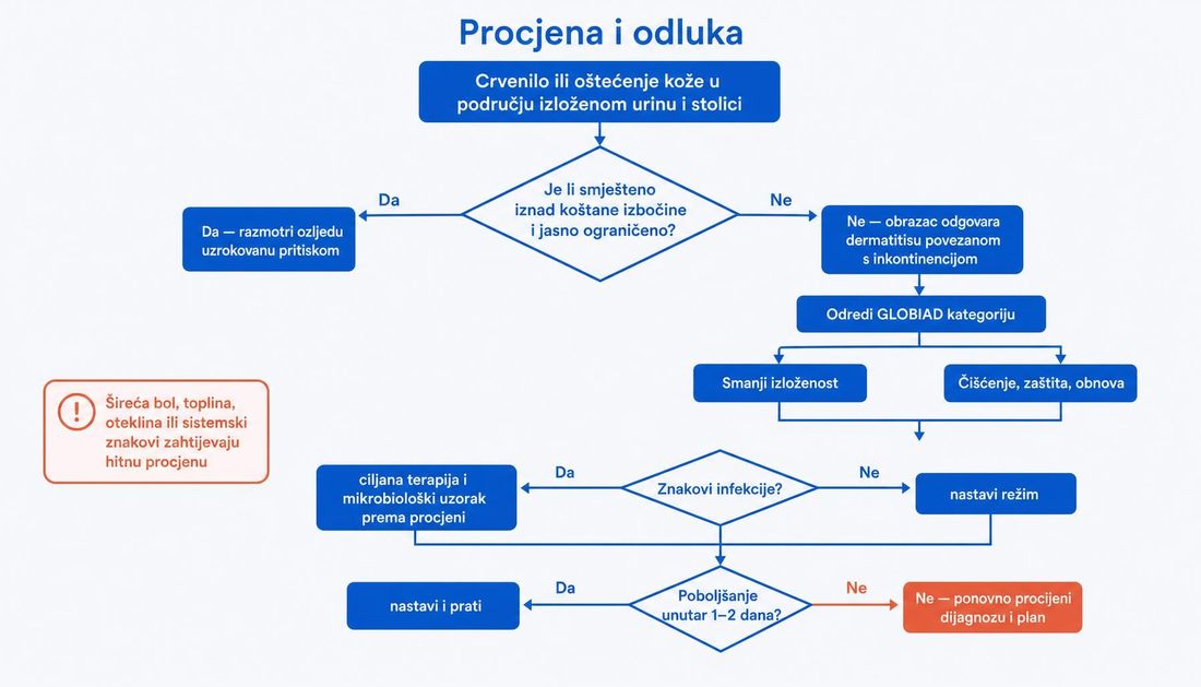 Algoritam procjene i odluke: razlikovanje ozljede pritiskom od inkontinencijskog dermatitisa, određivanje GLOBIAD kategorije, smanjenje izloženosti i režim njege, procjena znakova infekcije te ponovna procjena ako nema poboljšanja unutar jednog do dva dana.