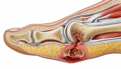 Anatomski presjek prednjeg dijela stopala u stvarnim razmjerima: koža, potkožno masno tkivo, plantarna fascija, tetive, mišići te snažne članke prsta i glavica prve metatarzalne kosti; duboki tabanski ulkus pod glavicom kosti prodire do korteksa, a u koštanoj moždini vidi se razgradnja kosti kao osteomijelitis.