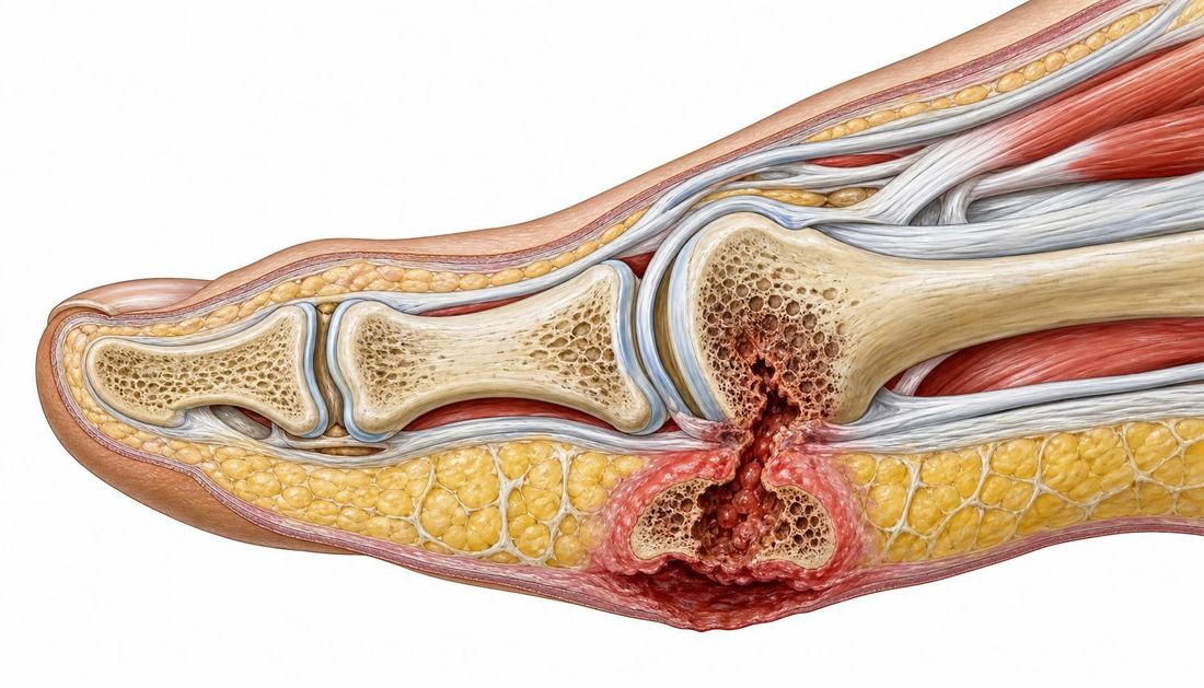 Anatomski presjek prednjeg dijela stopala u stvarnim razmjerima: koža, potkožno masno tkivo, plantarna fascija, tetive, mišići te snažne članke prsta i glavica prve metatarzalne kosti; duboki tabanski ulkus pod glavicom kosti prodire do korteksa, a u koštanoj moždini vidi se razgradnja kosti kao osteomijelitis.
