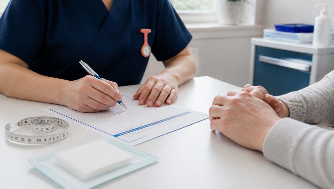 Medicinska sestra u kobaltnoj radnoj odjeći zapisuje dogovoreni plan zdravstvene njege u obrazac, a bolesnik sjedi za istim stolom; uz obrazac su mjerilo i pakirana obloga, bez prikaza rane i bez prepoznatljivih lica.