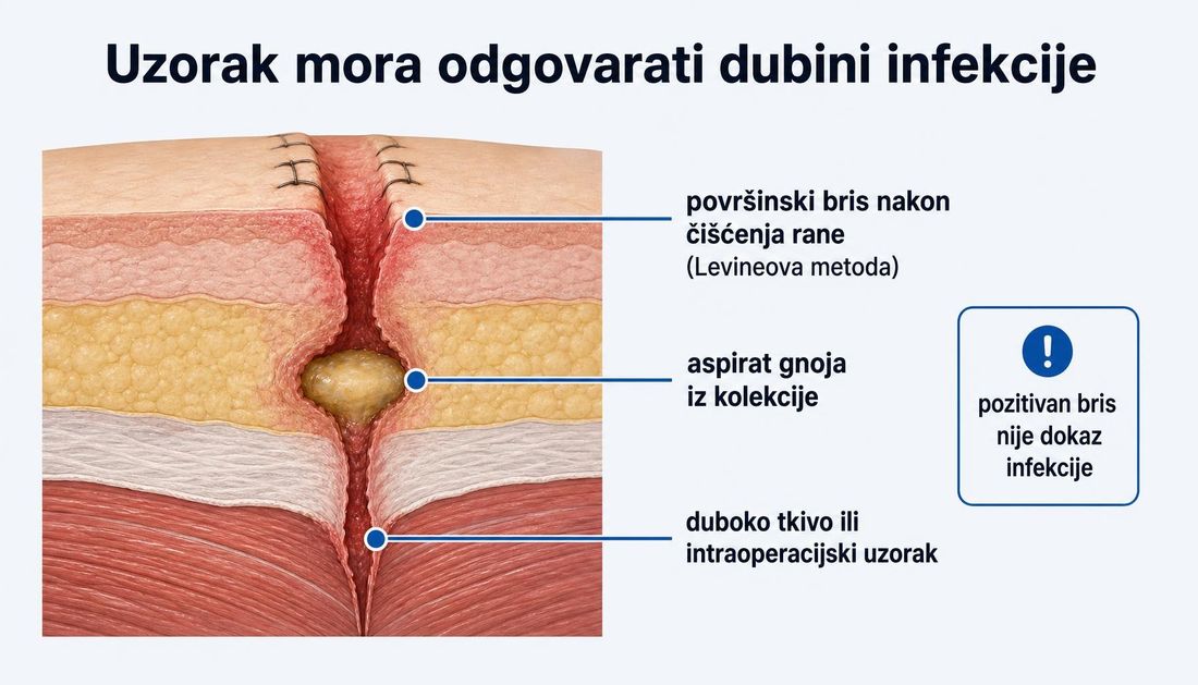 Presjek zašivene kirurške incizije s hrvatskim oznakama tri razine uzorkovanja: površinski bris nakon čišćenja rane Levineovom metodom, aspirat gnoja iz kolekcije i duboko tkivo odnosno intraoperacijski uzorak, uz napomenu da pozitivan bris nije dokaz infekcije.