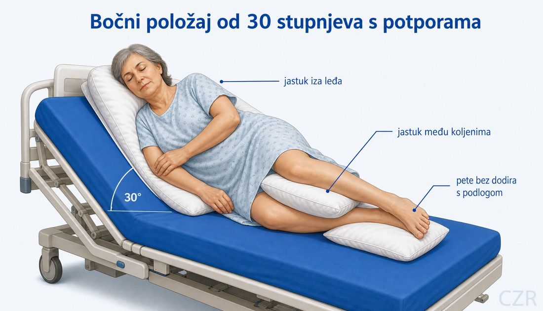 Prikaz bočnoga položaja od 30 stupnjeva na bolničkome krevetu s kobaltnom potpornom površinom: osoba je poduprta jastucima uzduž iza leđa, među savijenim koljenima i ispod potkoljenica tako da pete slobodno lebde bez dodira s podlogom; luk označava kut od 30 stupnjeva.
