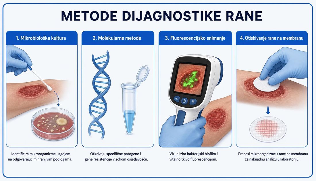 Četiri panela s hrvatskim oznakama metoda: mikrobiološka kultura s brisom i podlogom, molekularne metode, fluorescencijsko snimanje ručnim uređajem i otiskivanje rane na membranu.
