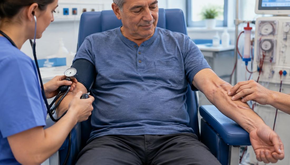 Osoba prstima provjerava treperenje arteriovenske fistule na lijevoj podlaktici dok se krvni tlak mjeri na desnoj ruci.