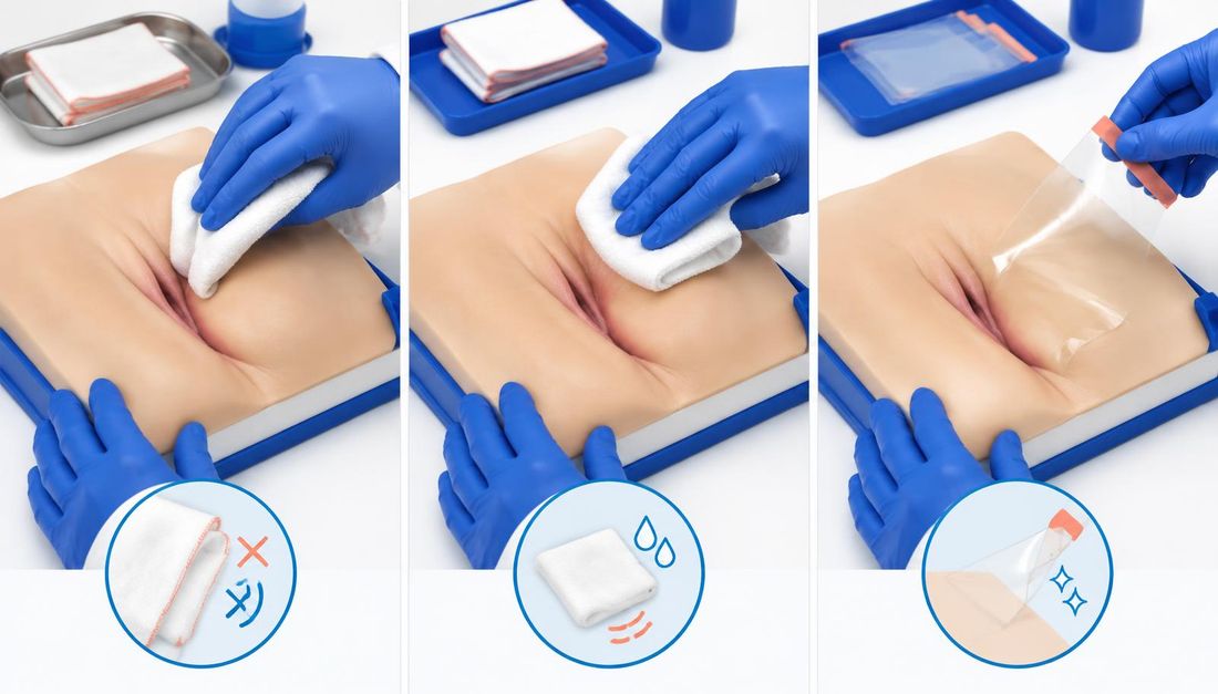 Tri koraka na anatomskom modelu prikazuju nježno čišćenje, sušenje prislanjanjem i tanku zaštitu cjelovite kože pregiba.