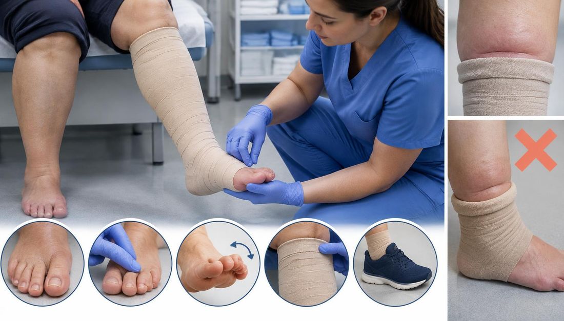 Checking colour, warmth, sensation, toe movement and fit after applying a compression bandage
