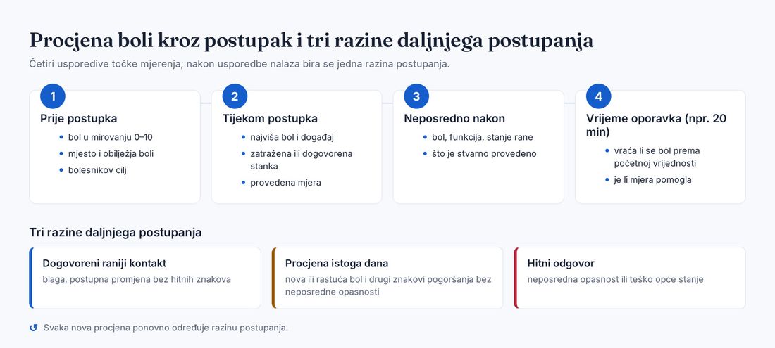 Shema četiriju usporedivih točaka procjene boli: prije postupka, tijekom postupka, neposredno nakon i u dogovoreno vrijeme oporavka, te tri razine daljnjega postupanja nakon usporedbe nalaza.